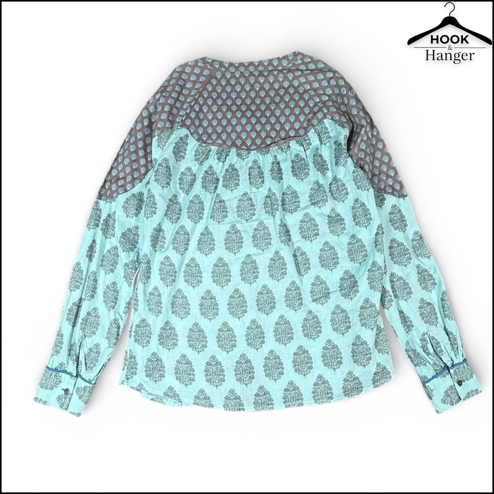Sundance Stories To Be Told Boho Mixed Print Button Down Peasant Top M Blue Teal - Picture 5 of 8